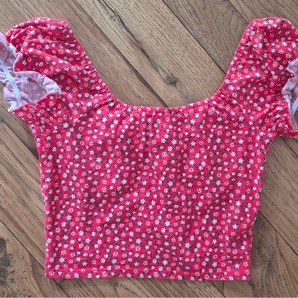 SO Floral‎ Crop Top Puff Sleeve Sweetheart Neckline Blouse Red Junior Medium 063 - Picture 3 of 4